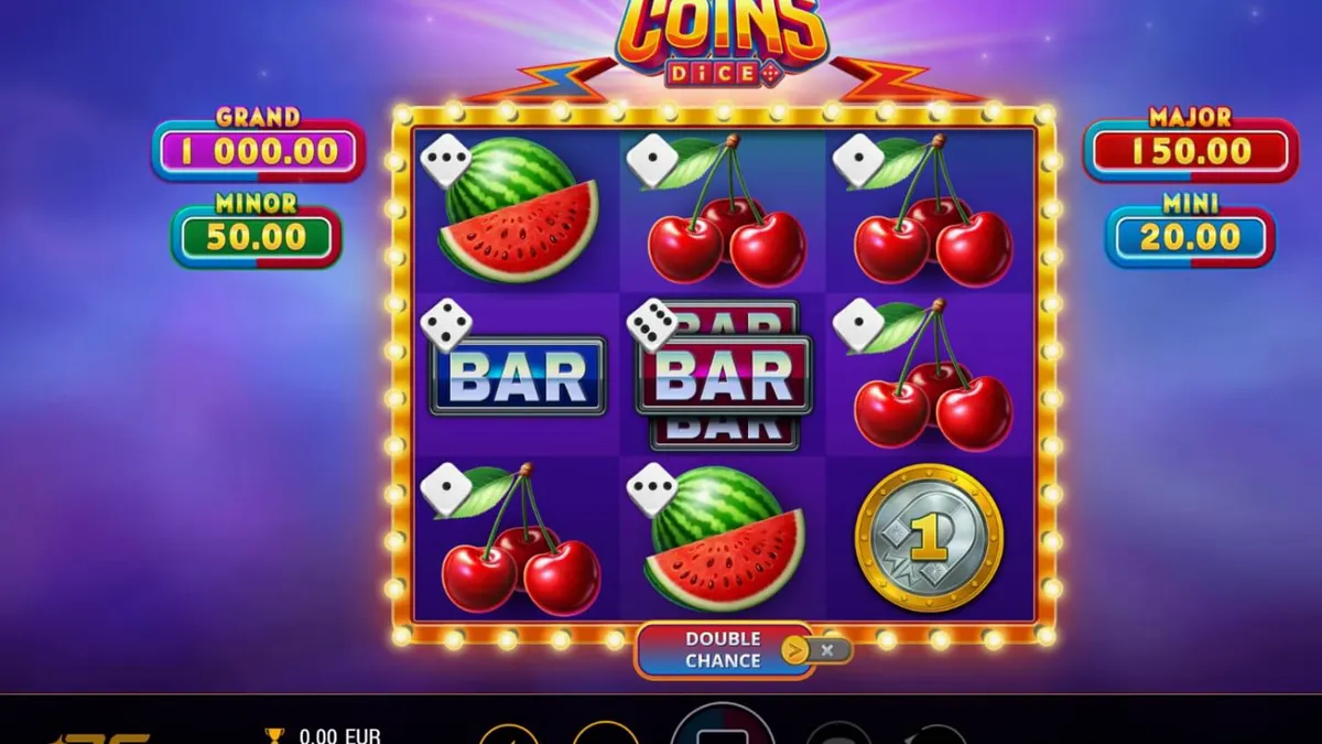 Tampilan visual slot Magnetic Coins Dice dengan simbol koin berkilau dan efek magnetik